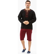 Eliş Şile Bezi Uzun Kol Şile Bezi Bisiklet Yaka Etnik Erkek T-Shirt Siyah