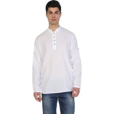 Eliş Şile Bezi Uzun Kol Şile Bezi Bodrum Erkek T-Shirt Beyaz