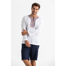 Eliş Şile Bezi Uzun Kol Şile Bezi Bisiklet Yaka Etnik Erkek T-Shirt Beyaz Byz