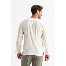 Eliş Şile Bezi Uzun Kol Şile Bezi Bisiklet Yaka Etnik Erkek T-Shirt Krem Krm