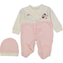 Kız Bebek Pudra Ekru Uğur Böceği Nakışlı Bereli Eldivenli Tulum - 1014251