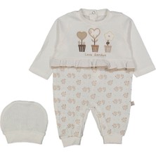 Kız Bebek Ekru Kahve Kalp Nakışlı Bereli Tulum - 1014264