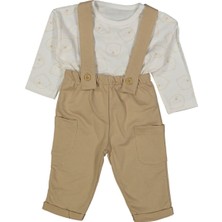 Erkek Bebek Ekru Kahve Ayıcık Baskılı Salopet Takım - 1013436