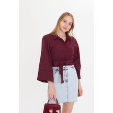 Kadın Bordo Geniş Manşetli Kol Detaylı Önü Bağlamalı Poplin Gömlek