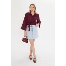 Kadın Bordo Geniş Manşetli Kol Detaylı Önü Bağlamalı Poplin Gömlek