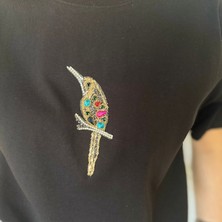 Kuş Desenli Taş Detaylı Basic T-Shirt