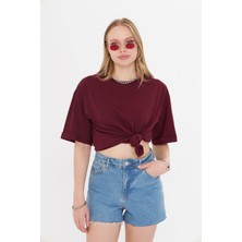 Kadın Bordo Yuvarlak Yaka Oversize Yandan Yırtmaçlı T-Shirt Tişört