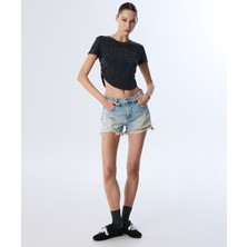 Twist Kadın Eskitme Efektli Jean Şort 40 Beden Düz Desen Regular Fit Mavi Renk