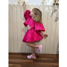 Poplin Kumaş Balon  Etekli  Arkası Çıtçıtlı Gömlekli Kız Çocuk Takım