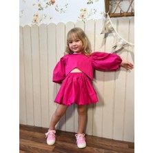 Poplin Kumaş Balon  Etekli  Arkası Çıtçıtlı Gömlekli Kız Çocuk Takım