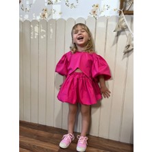 Poplin Kumaş Balon  Etekli  Arkası Çıtçıtlı Gömlekli Kız Çocuk Takım