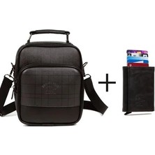 Newish Erkek Siyah Deri Mekanizmalı Cüzdan Ve Günlük Omuz El Çantası New060