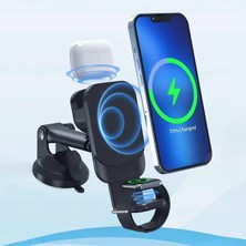 Wireless Şarjlı 3in1 Torpido Üstü ve Havalandırma Telefon, Kulaklık, Saat Tutucu (Siyah)