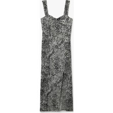 Koton Bürümcük Kalın Askılı Bodycon Yırtmaç Detaylı Kolsuz Uzun Leopar Elbise