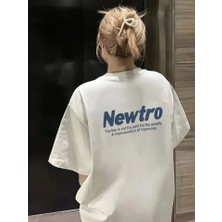 Modamuvo Baskılı Oversize Bisiklet Yaka T-Shirt - Beyaz