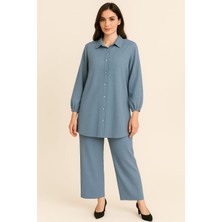 Gigi Giyim Keten Kolları Lastikli Ikili Takım Mavi