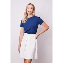 Jument Kadın Sıfır Yaka Kırışmaz Span Karışımlı Şık Kısa Kol Likralı T-shirt Bluz-Lacivert