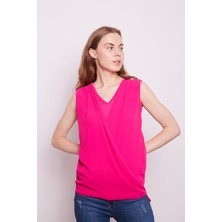 Jument Şifon Detaylı Anvelop Kolsuz Şık Likralı Parlak Kumaş Bluz-Pembe