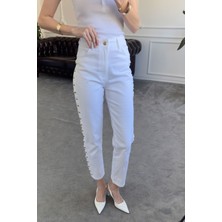 Yanları Dilimli Gold Detay Pantolon- Ekru