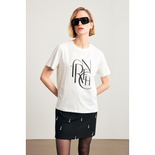 Setre Ekru %100 Pamuk Baskı Detaylı Bisiklet Yaka Kısa Kollu T-Shirt