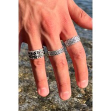 Trend Collection Unisex Model Gümüş Kaplama Sezar Pusula Hasır Model Ayarlanabilir 3'lü Yüzük Set