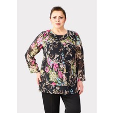 Lilas Xxl Kadın Büyük Beden Çalı Desenli Şifon Bluz