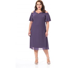 Lilas Xxl Büyük Beden Lila Renkli Omuz Detaylı Şifon Elbise