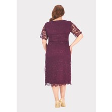 Lilas Xxl Büyük Beden Koyu Mürdüm Renkli Dantel Elbise