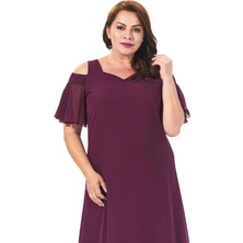 Lilas Xxl Büyük Beden Koyu Mürdüm Renkli Omuz Detaylı Şifon Elbise