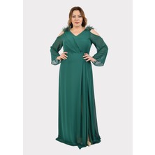 Lilas Xxl Büyük Beden Yeşil Renkli Omzu Açık Şifon Uzun Abiye Elbise