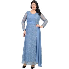 Lilas Xxl Büyük Beden Mavi Renkli  Simli Dantel Uzun Abiye Elbise