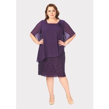 Lilas Xxl Büyük Beden Mor Renkli Dantel Abiye Elbise