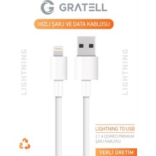 Gratell Lightning (8 Pin) Data ve Şarj Kablosu Beyaz YERLİ ÜRETİM