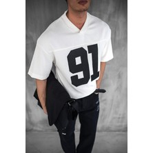 Erkek Oversize Baskılı V Yaka Forma T-Shirt Ekru