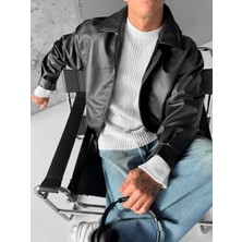 Abluka Online Erkek Oversize Basic Deri Ceket Siyah
