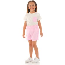 Zepkids Kısa Kol Ön Cep Detaylı Ekru Pembe Renk Kız Çocuk Şortlu Takım