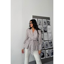 La Mode Istanbul Çizgili Bağlama Detaylı Kruvaze Poplin Gömlek - Kahverengi