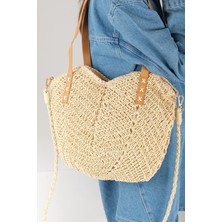 Mio Gusto Hasır Örgü Bej Renk Yuvarlak Tabanlı Kadın Omuz Çantası