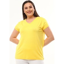 Kadın Büyük Beden V Yaka Basic Kısa Kollu Tişört %95 Pamuk %5 Likra Premium Kumaş