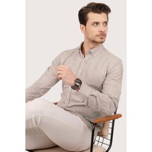 Etikmen Sütlü Kahve Yaka Düğmeli Keten Slimfit Erkek Gömlek