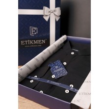 Etikmen Siyah Hakim Yaka Keten Üç Düğmeli Erkek Gömlek