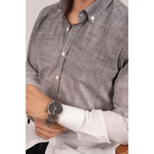 Etikmen Panolu Gri Vişne Çizgili Keten Slimfit Erkek Gömlek
