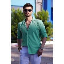Etikmen Mint Yeşili Keten Apaj Yaka Oversize Erkek Gömlek