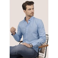 Etikmen Mavi Yaka Düğmeli Keten Slimfit Erkek Gömlek