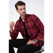 Etikmen Kırmızı Mavi Çizgili Slimfit Oduncu Erkek Gömlek