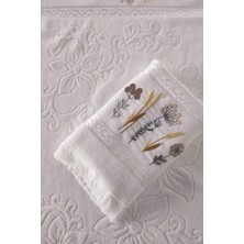 Çiçek Nakışlı 2'li El Havlusu -Jakarlı Kadife Yüz Havlusu - %100 Pamuk - Beyaz