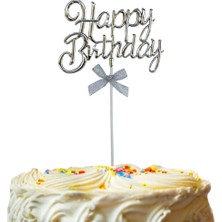 Parti Adresi Happy Birthday Yazılı Doğum Günü Pasta Süsü Gümüş