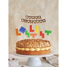 Parti Adresi Renkli Blok Temalı Happy Birthday Kürdan Pasta Süsü 9'lu