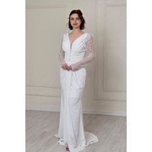 Beyaz Belden Drapeli Abiye 5225