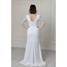 Beyaz Belden Drapeli Abiye 5225